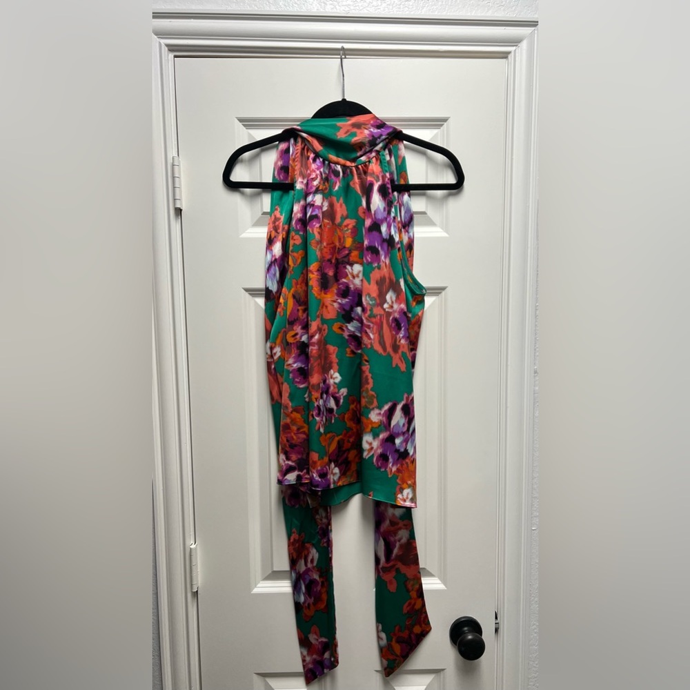 MISA Los Angeles Top in emerald green and bright purple and pink floral